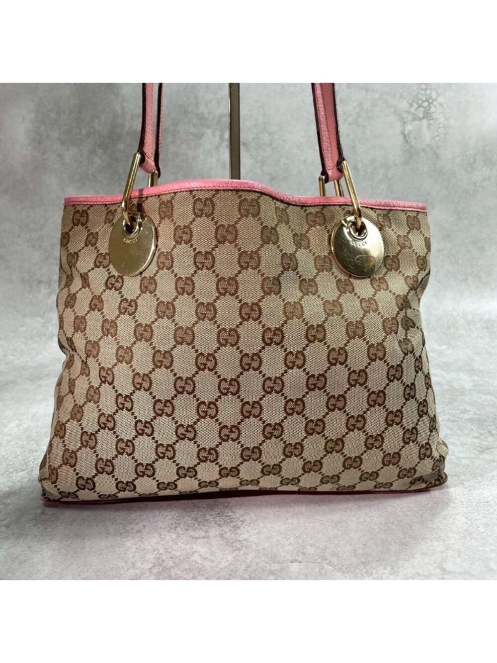 Gucci GG Tote Pink Canvas Leather Beige Logo - Picture 2 of 10